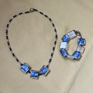 Murano Blue and White Glass Tile Necklace and Bracelet Set